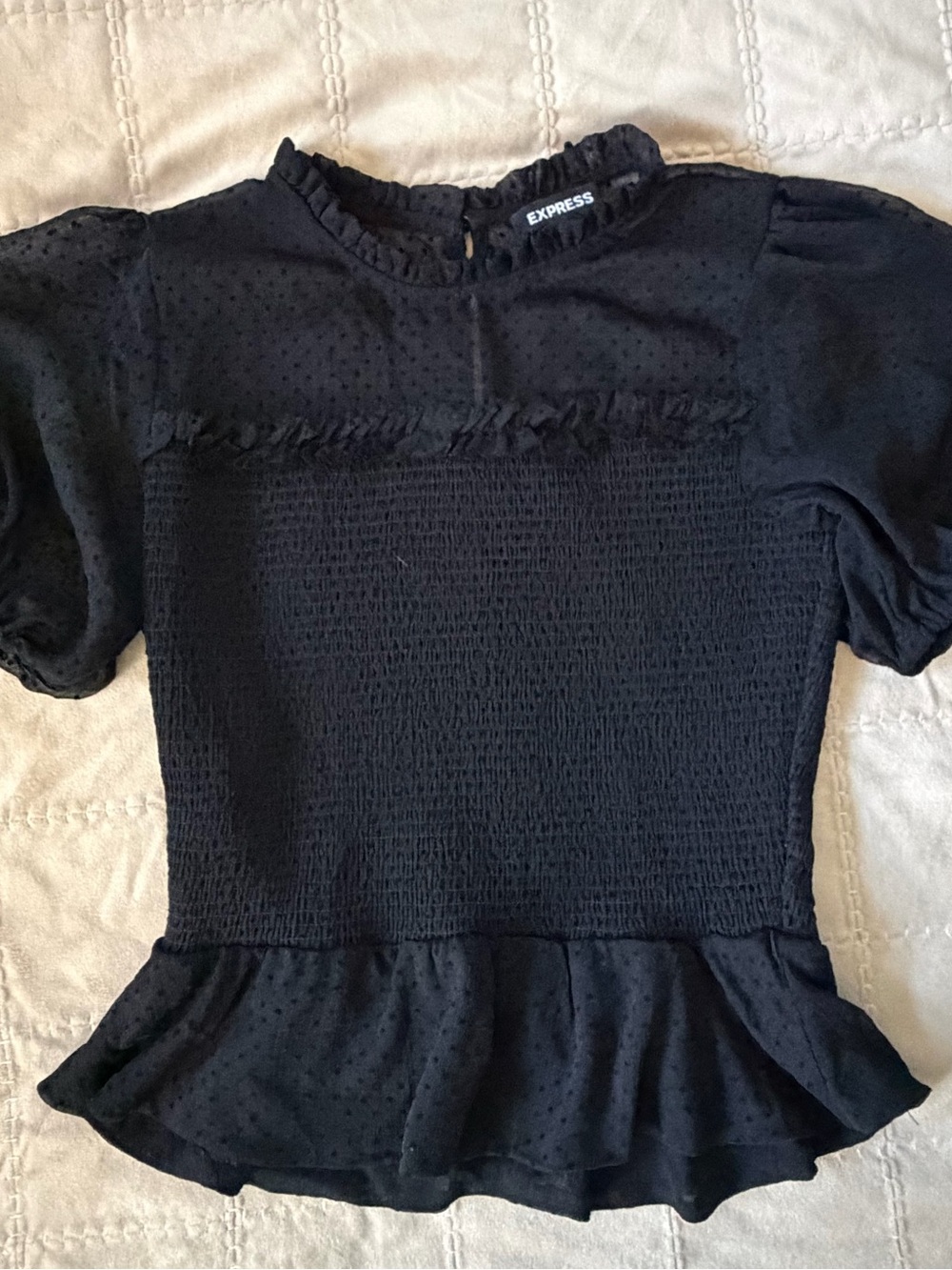 Express Black Swiss Dot Smocked Peplum Top – XS